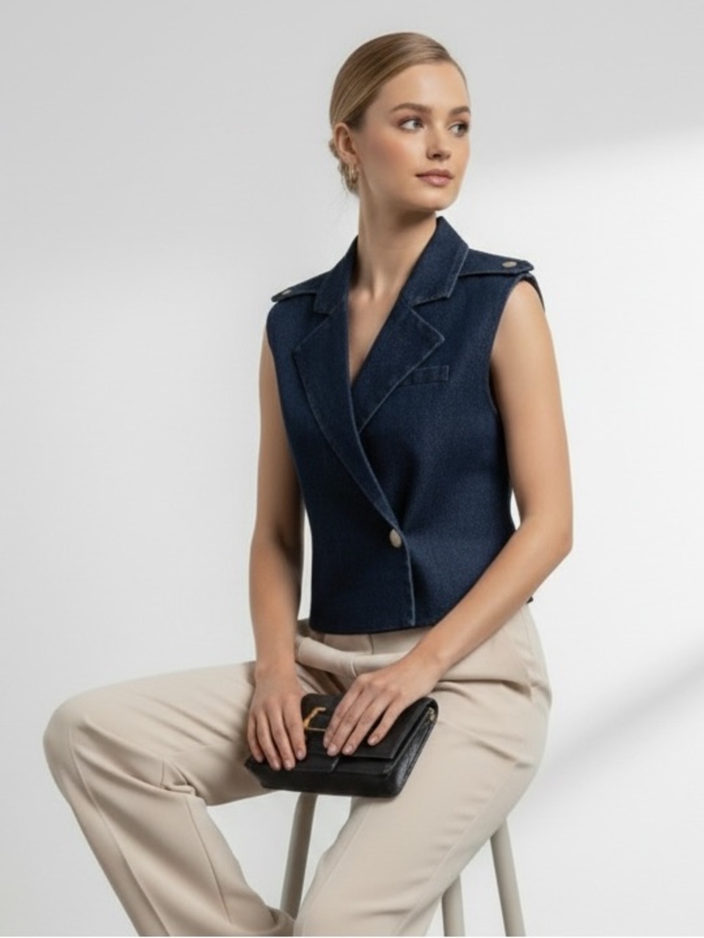 1407 • Dark Indigo Double-Breasted Sleeveless Jeans Vest Top